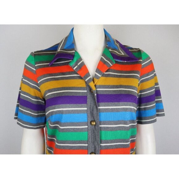 VINTAGE 1970s 70s WOMEN'S RAINBOW STRIPE SHIRT DRESS - SIZE M - Picture 3 of 7